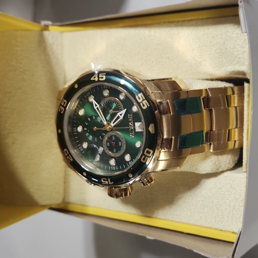 INVICTAPro Diver Chronograph Green Dial 18kt Gold-plated Men's Watch
